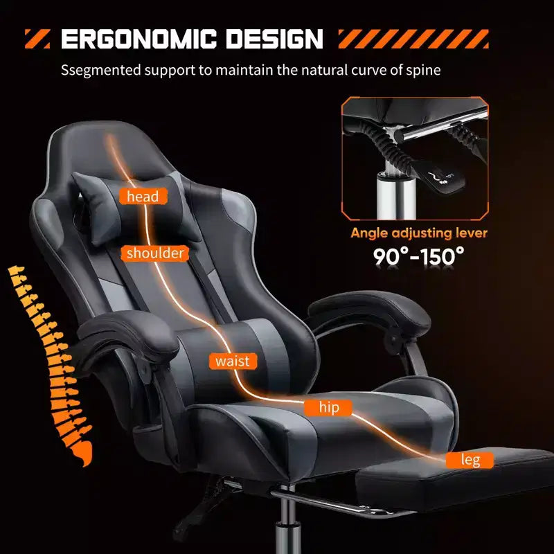 MAYEERTY Gaming Chair Video Game Desk Chair Ergonomic Computer with Footrest Comfy Lumbar Support PU Leather Recliner with Headrest Fixed Up Armrest