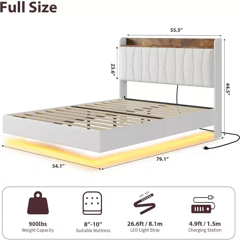 Cadre de lit plateforme moderne suspendu et rembourré avec lumières LED et prises, tête de lit, support en lattes de bois robustes, silencieux et facile à assembler