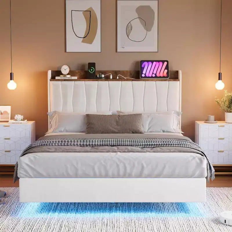 Cadre de lit plateforme moderne suspendu et rembourré avec lumières LED et prises, tête de lit, support en lattes de bois robustes, silencieux et facile à assembler