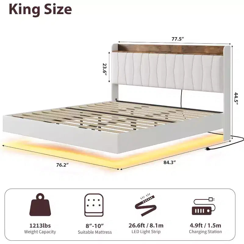 Cadre de lit plateforme moderne suspendu et rembourré avec lumières LED et prises, tête de lit, support en lattes de bois robustes, silencieux et facile à assembler