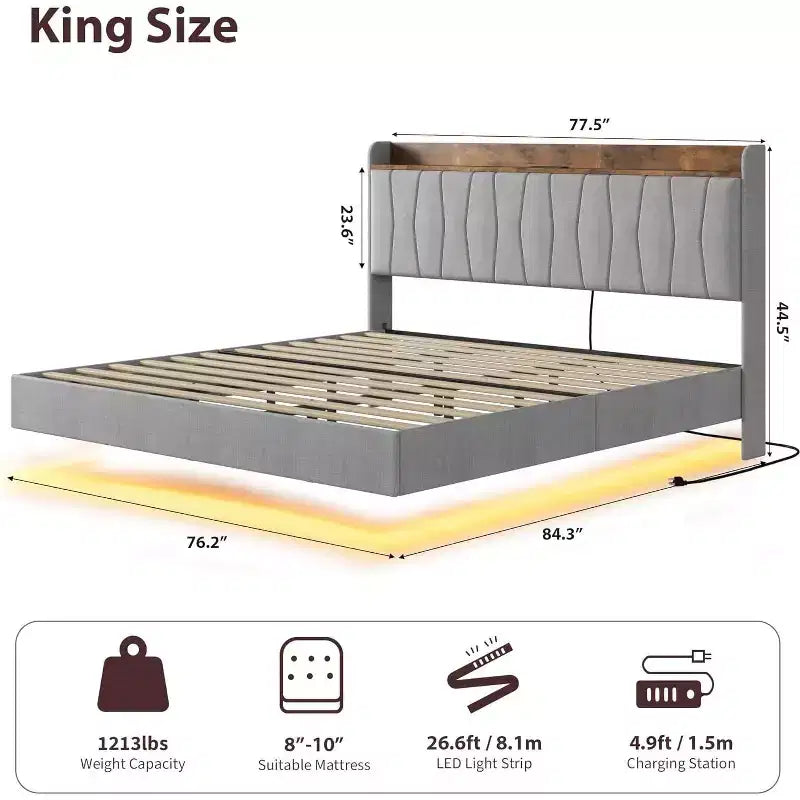Cadre de lit plateforme moderne suspendu et rembourré avec lumières LED et prises, tête de lit, support en lattes de bois robustes, silencieux et facile à assembler