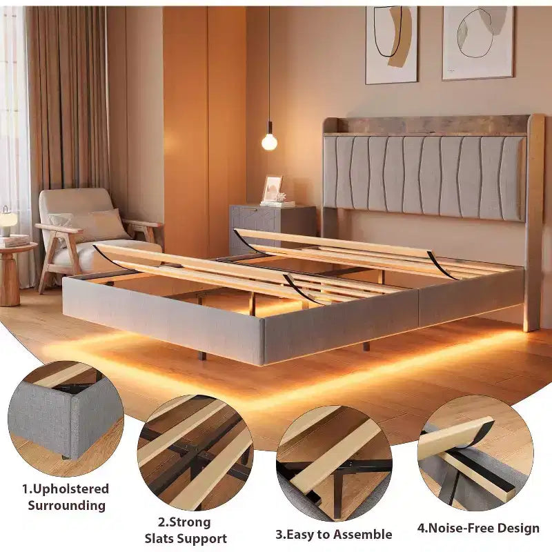 Cadre de lit plateforme moderne suspendu et rembourré avec lumières LED et prises, tête de lit, support en lattes de bois robustes, silencieux et facile à assembler