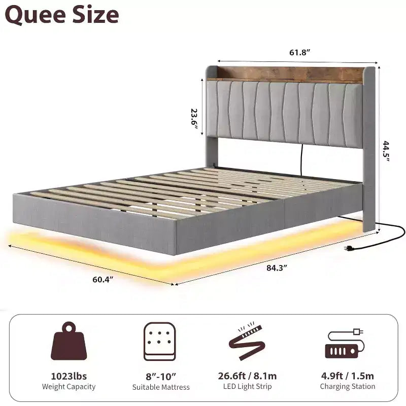 Cadre de lit plateforme moderne suspendu et rembourré avec lumières LED et prises, tête de lit, support en lattes de bois robustes, silencieux et facile à assembler