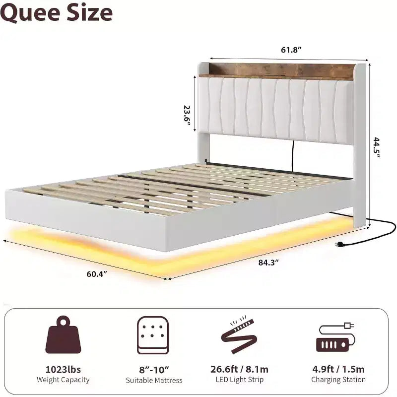 Cadre de lit plateforme moderne suspendu et rembourré avec lumières LED et prises, tête de lit, support en lattes de bois robustes, silencieux et facile à assembler