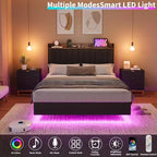 Cadre de lit plateforme moderne suspendu et rembourré avec lumières LED et prises, tête de lit, support en lattes de bois robustes, silencieux et facile à assembler