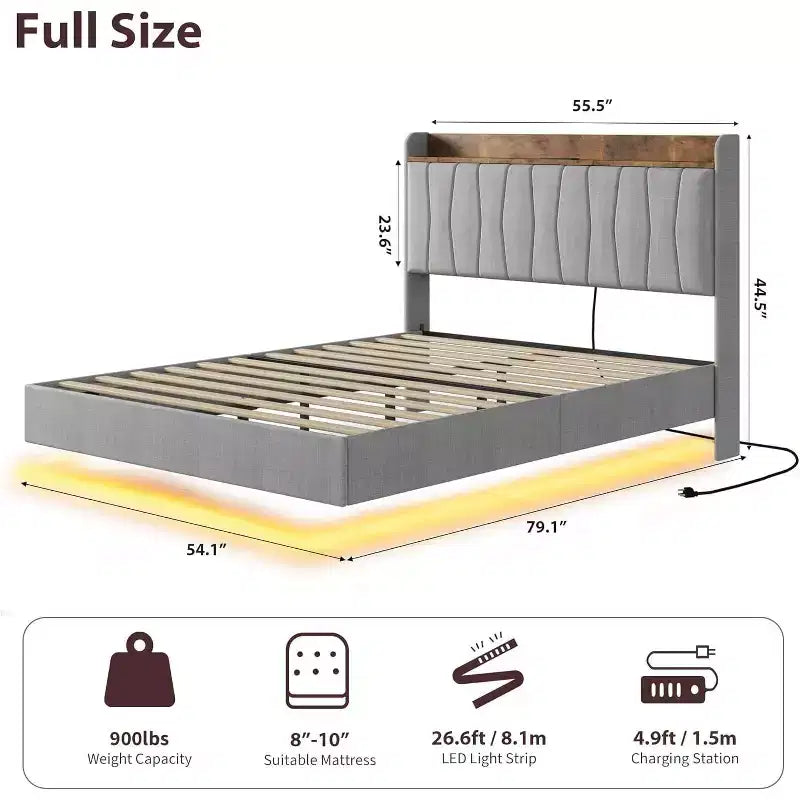 Cadre de lit plateforme moderne suspendu et rembourré avec lumières LED et prises, tête de lit, support en lattes de bois robustes, silencieux et facile à assembler
