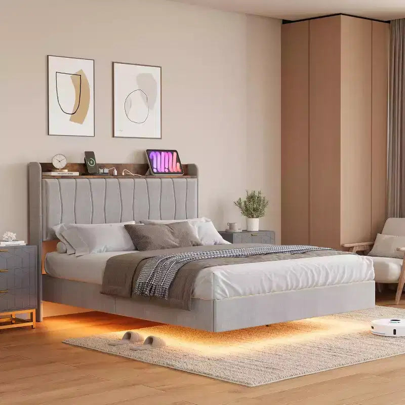 Cadre de lit plateforme moderne suspendu et rembourré avec lumières LED et prises, tête de lit, support en lattes de bois robustes, silencieux et facile à assembler
