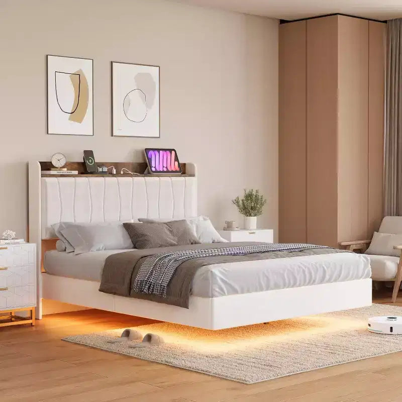 Cadre de lit plateforme moderne suspendu et rembourré avec lumières LED et prises, tête de lit, support en lattes de bois robustes, silencieux et facile à assembler