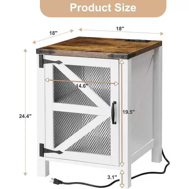 COZONY Table de chevet de ferme 24 po avec station de charge, étagère réglable à porte de grange, table d'appoint rustique pour chambre à coucher et salon