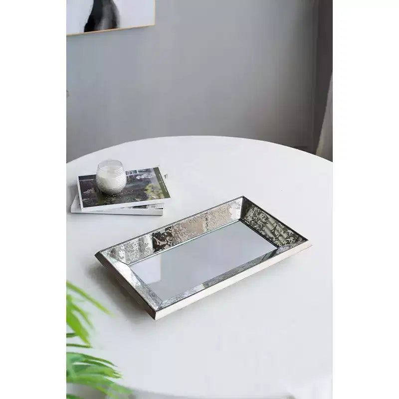 MAYEERTY Miroir rectangulaire antique 20 x 12 avec accents floraux, miroir mural à suspendre pour salon, argent