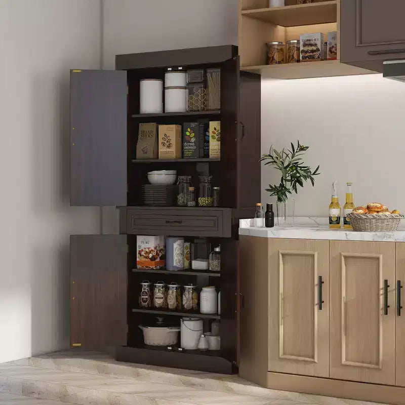 71 Freestanding Kitchen Pantry with 4 Doors and 2 Large Cabinets, Tall Storage Cabinet with Drawer