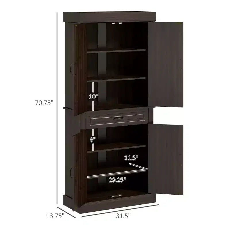 71 Freestanding Kitchen Pantry with 4 Doors and 2 Large Cabinets, Tall Storage Cabinet with Drawer