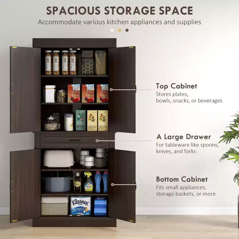 71 Freestanding Kitchen Pantry with 4 Doors and 2 Large Cabinets, Tall Storage Cabinet with Drawer