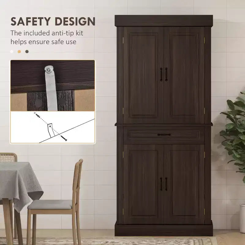 71 Freestanding Kitchen Pantry with 4 Doors and 2 Large Cabinets, Tall Storage Cabinet with Drawer