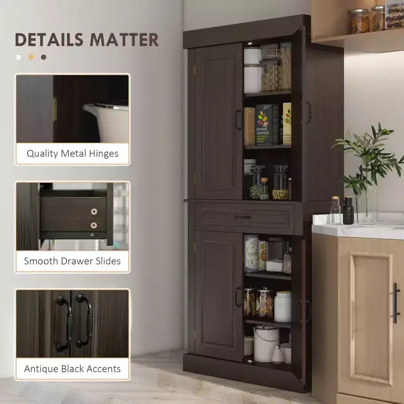 71 Freestanding Kitchen Pantry with 4 Doors and 2 Large Cabinets, Tall Storage Cabinet with Drawer