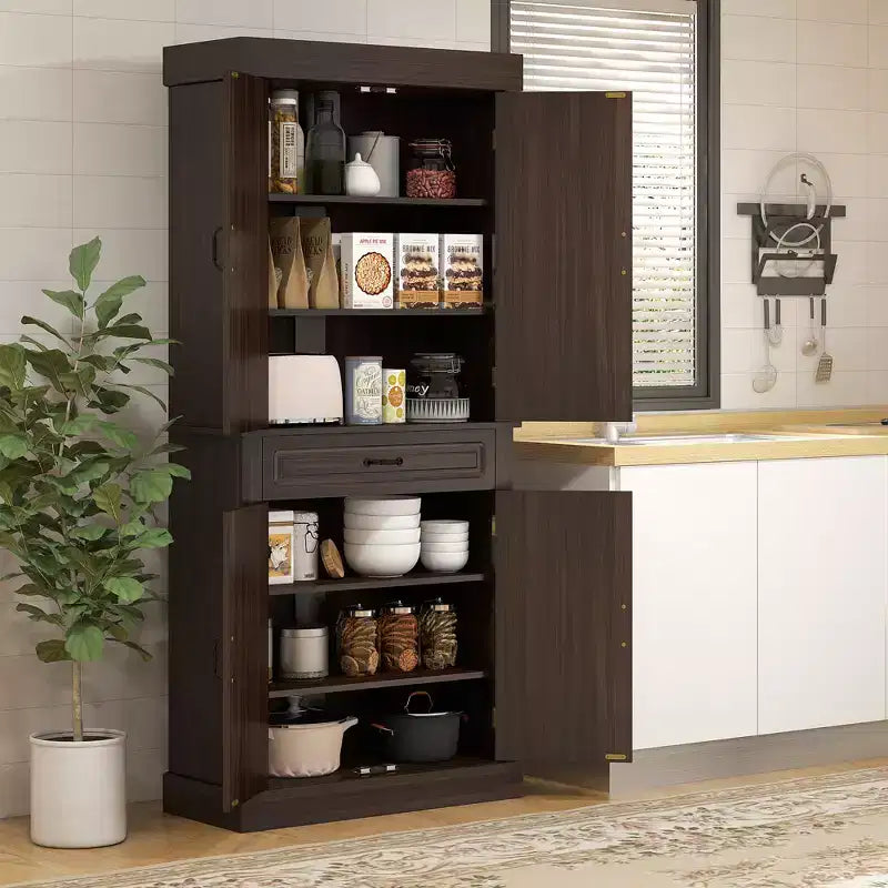 71 Freestanding Kitchen Pantry with 4 Doors and 2 Large Cabinets, Tall Storage Cabinet with Drawer