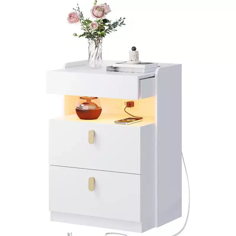 Table de chevet GALAXHERO avec lumières LED et station de charge, avec plateau coulissant et 2 tiroirs, table d'appoint intelligente pour chambre ou salon
