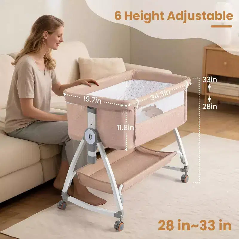 JOYMOR Couffin Bébé 3 en 1, Cododo pour Bébé, avec Matelas Confortable et Roues, 6 Hauteurs Réglables, Pliage Facile (Beige)