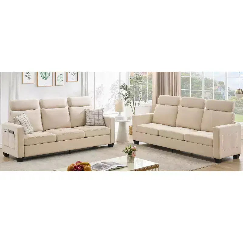 Canapé de 226 cm rembourré en tissu chenille, livré avec un appui-tête détachable, assise ergonomique et confortable avec poches de rangement latérales