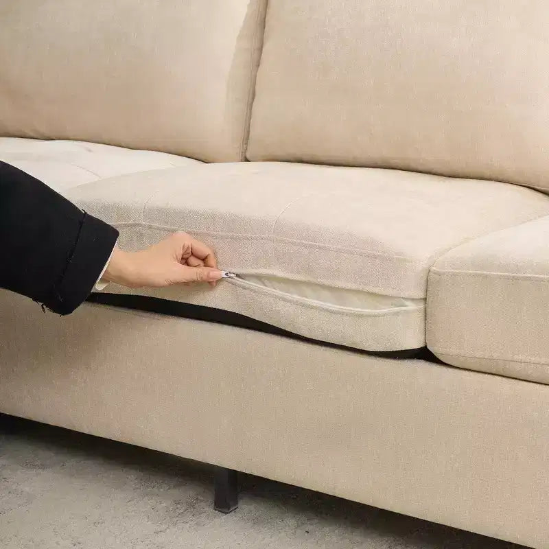 Canapé de 226 cm rembourré en tissu chenille, livré avec un appui-tête détachable, assise ergonomique et confortable avec poches de rangement latérales