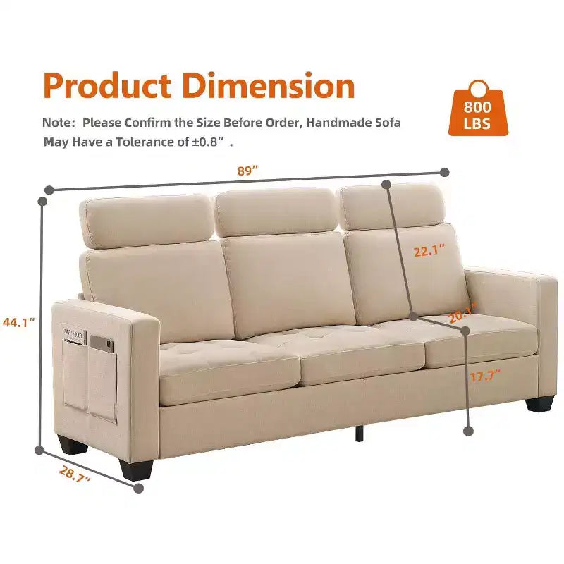 Canapé de 226 cm rembourré en tissu chenille, livré avec un appui-tête détachable, assise ergonomique et confortable avec poches de rangement latérales