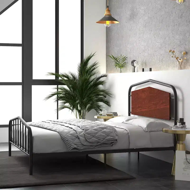 Lit plateforme avec tête de lit en bois - Cadre en métal robuste, pas besoin de sommier tapissier, silencieux, montage facile, noyer brun, DOUBLE