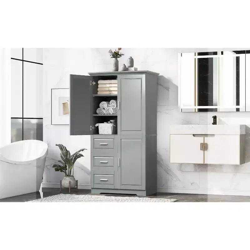 Armoire de rangement haute et large avec portes pour salle de bain/bureau, trois tiroirs, blanche