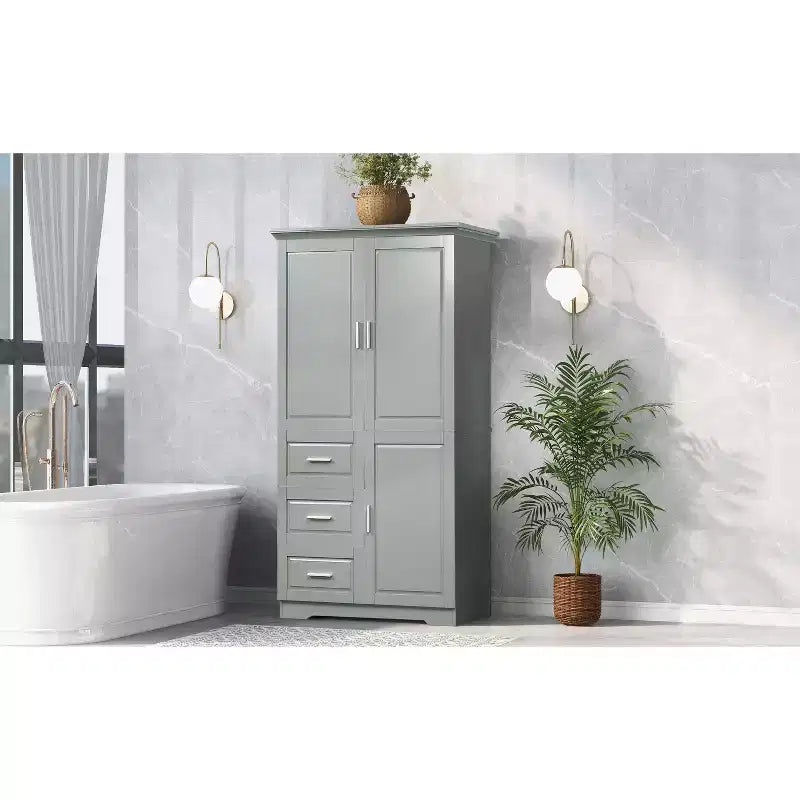 Armoire de rangement haute et large avec portes pour salle de bain/bureau, trois tiroirs, blanche