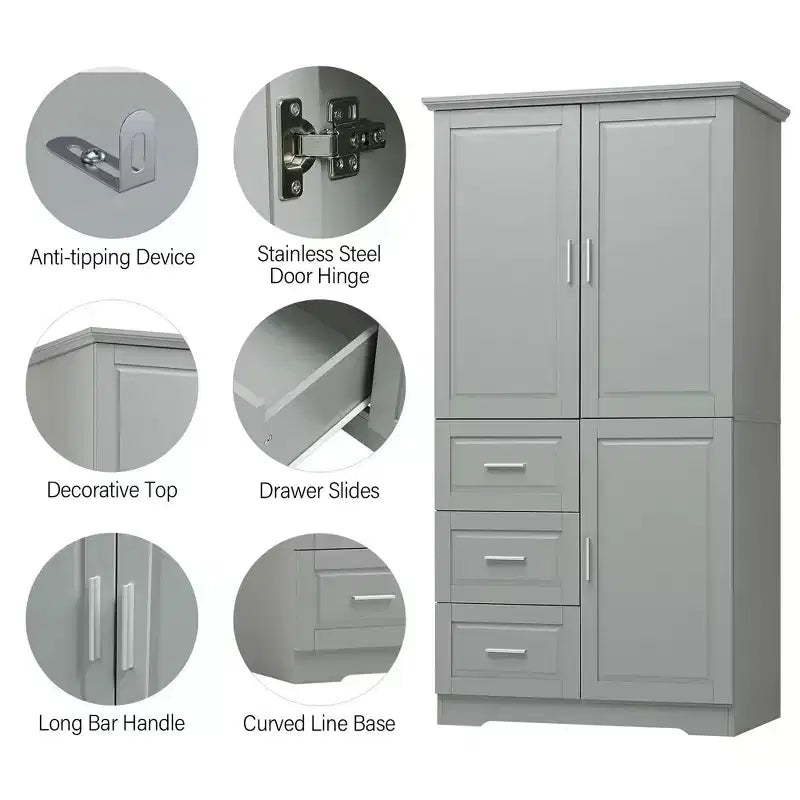 Armoire de rangement haute et large avec portes pour salle de bain/bureau, trois tiroirs, blanche
