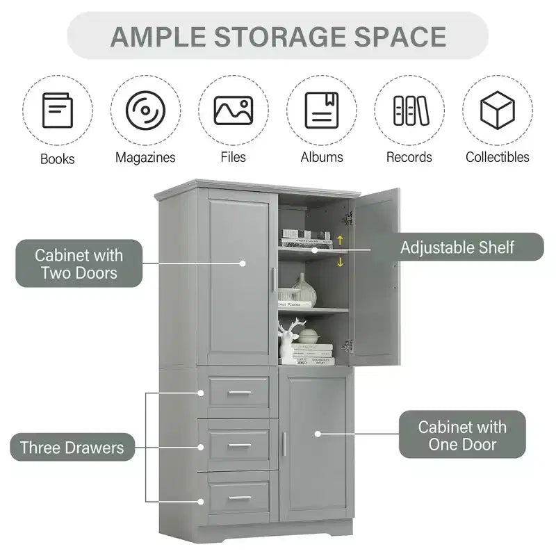 Armoire de rangement haute et large avec portes pour salle de bain/bureau, trois tiroirs, blanche