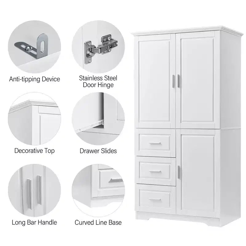 Armoire de rangement haute et large avec portes pour salle de bain/bureau, trois tiroirs, blanche