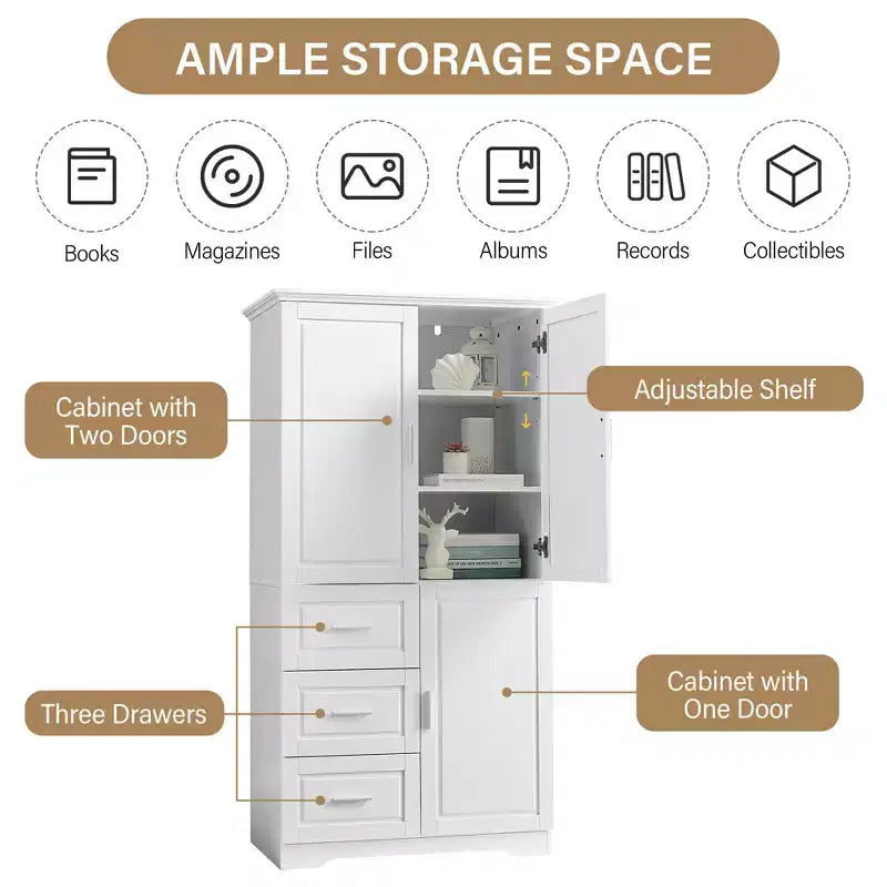 Armoire de rangement haute et large avec portes pour salle de bain/bureau, trois tiroirs, blanche