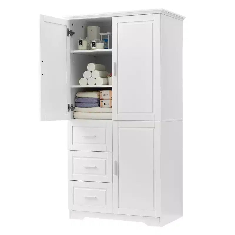 Armoire de rangement haute et large avec portes pour salle de bain/bureau, trois tiroirs, blanche