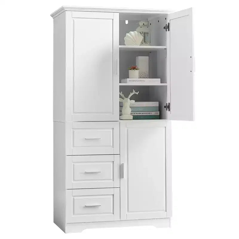 Armoire de rangement haute et large avec portes pour salle de bain/bureau, trois tiroirs, blanche