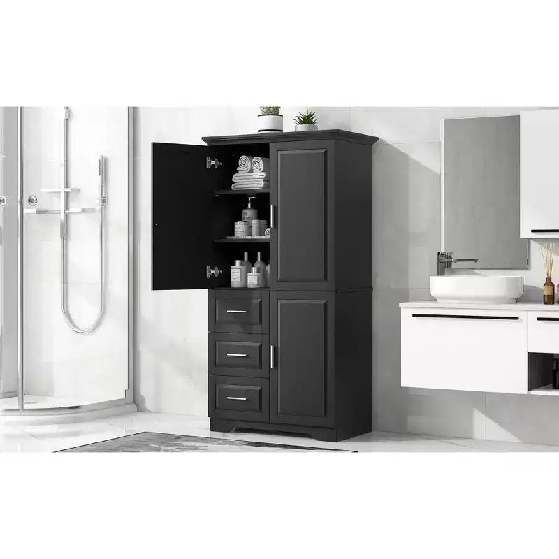 Armoire de rangement haute et large avec portes pour salle de bain/bureau, trois tiroirs, blanche