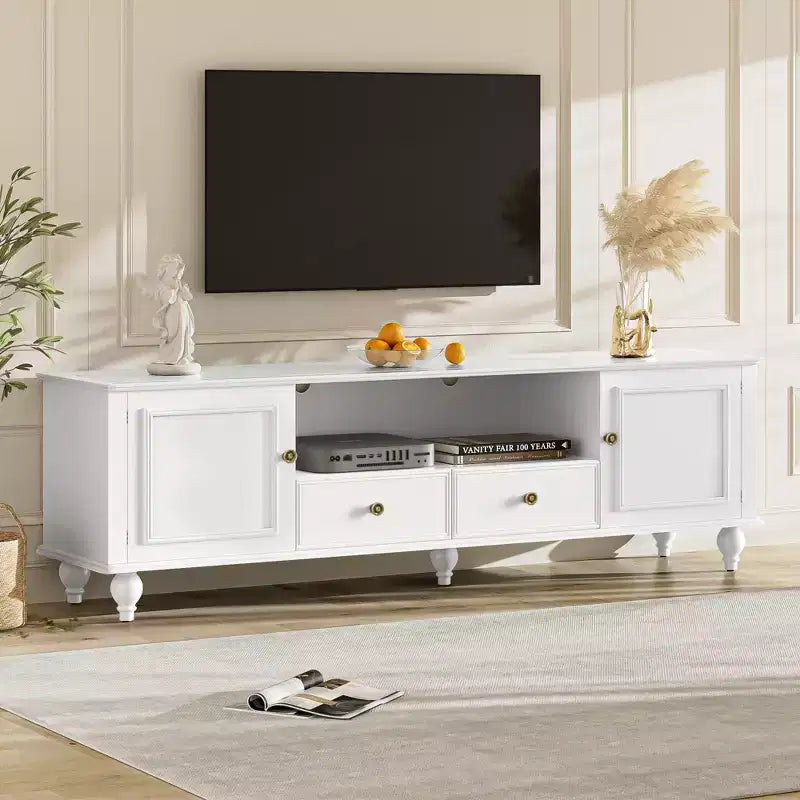 Meuble TV Bestier 70,9 pouces pour téléviseurs jusqu'à 80 pouces avec compartiment ouvert, meuble de rangement TV avec 2 tiroirs, 5 pieds solides pour salon