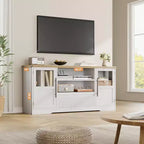 Meuble TV CuisinSmart Retro pour téléviseurs jusqu'à 75'', Console TV style ferme avec 2 portes vitrées et étagères ouvertes, pour salon et chambre