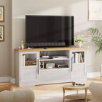 Meuble TV CuisinSmart Retro pour téléviseurs jusqu'à 75'', Console TV style ferme avec 2 portes vitrées et étagères ouvertes, pour salon et chambre