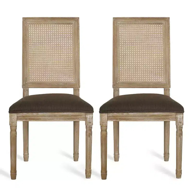 Chaises de salle à manger capitonnées Okak Vintage Style Campagne Française avec dossier en rotin, Lot de 2 chaises de cuisine rustiques patinées, Chaises de salon