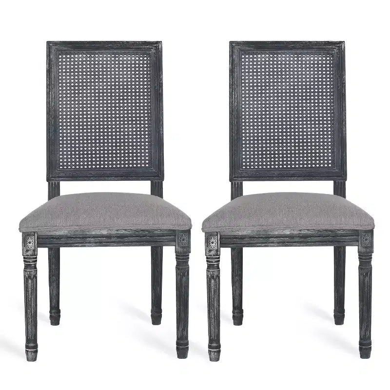 Chaises de salle à manger capitonnées Okak Vintage Style Campagne Française avec dossier en rotin, Lot de 2 chaises de cuisine rustiques patinées, Chaises de salon