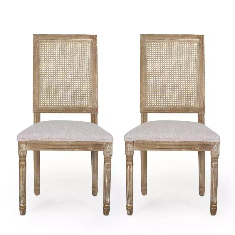 Chaises de salle à manger capitonnées Okak Vintage Style Campagne Française avec dossier en rotin, Lot de 2 chaises de cuisine rustiques patinées, Chaises de salon