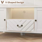 Meuble TV rétro en V avec éclairage LED, adapté aux salons, chambres et centres de divertissement. Comprend deux portes de rangement et un tiroir.