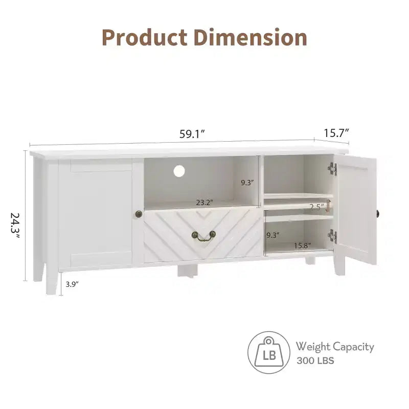 Meuble TV rétro en V avec éclairage LED, adapté aux salons, chambres et centres de divertissement. Comprend deux portes de rangement et un tiroir.