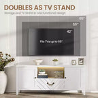 Meuble TV rétro en V avec éclairage LED, adapté aux salons, chambres et centres de divertissement. Comprend deux portes de rangement et un tiroir.