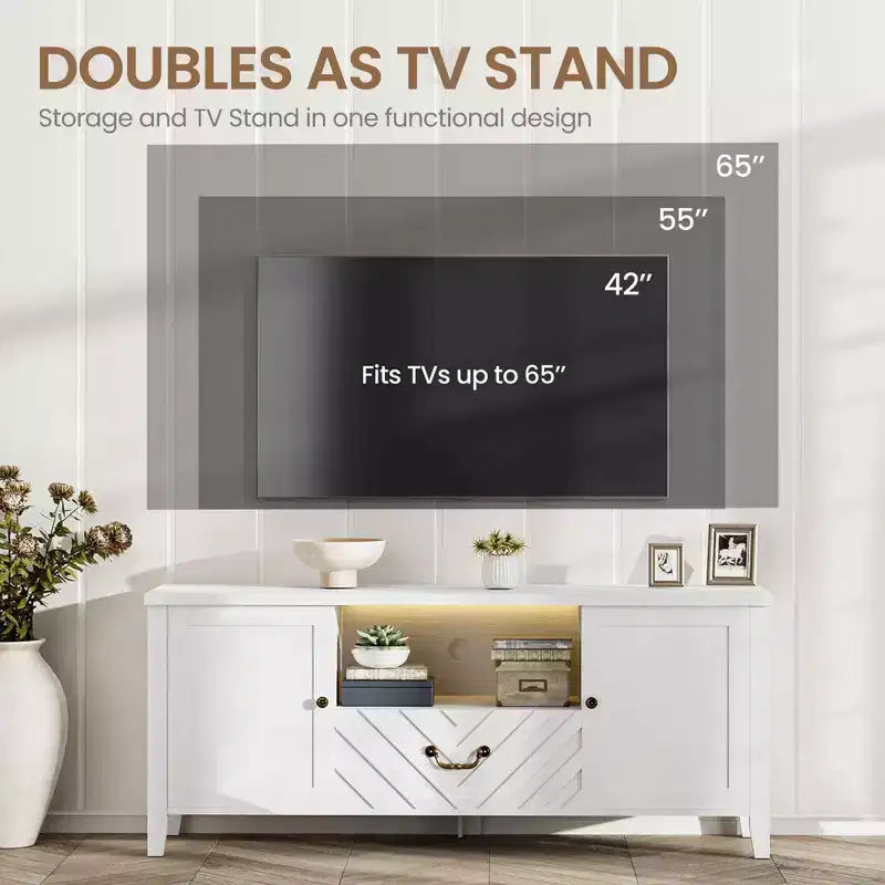 Meuble TV rétro en V avec éclairage LED, adapté aux salons, chambres et centres de divertissement. Comprend deux portes de rangement et un tiroir.