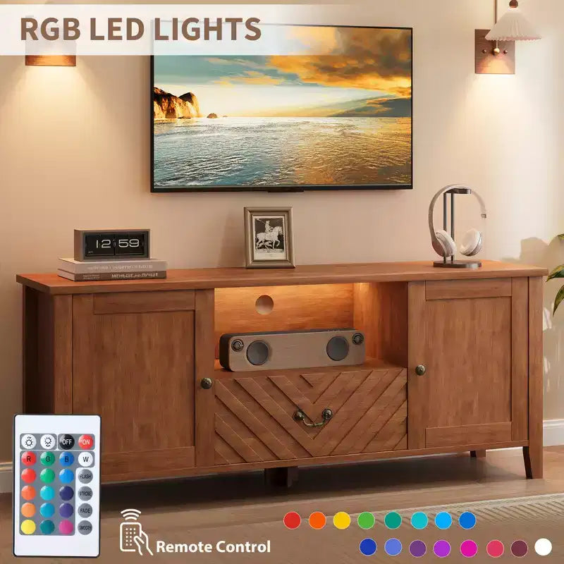 Meuble TV rétro en V avec éclairage LED, adapté aux salons, chambres et centres de divertissement. Comprend deux portes de rangement et un tiroir.