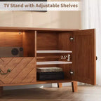 Meuble TV rétro en V avec éclairage LED, adapté aux salons, chambres et centres de divertissement. Comprend deux portes de rangement et un tiroir.