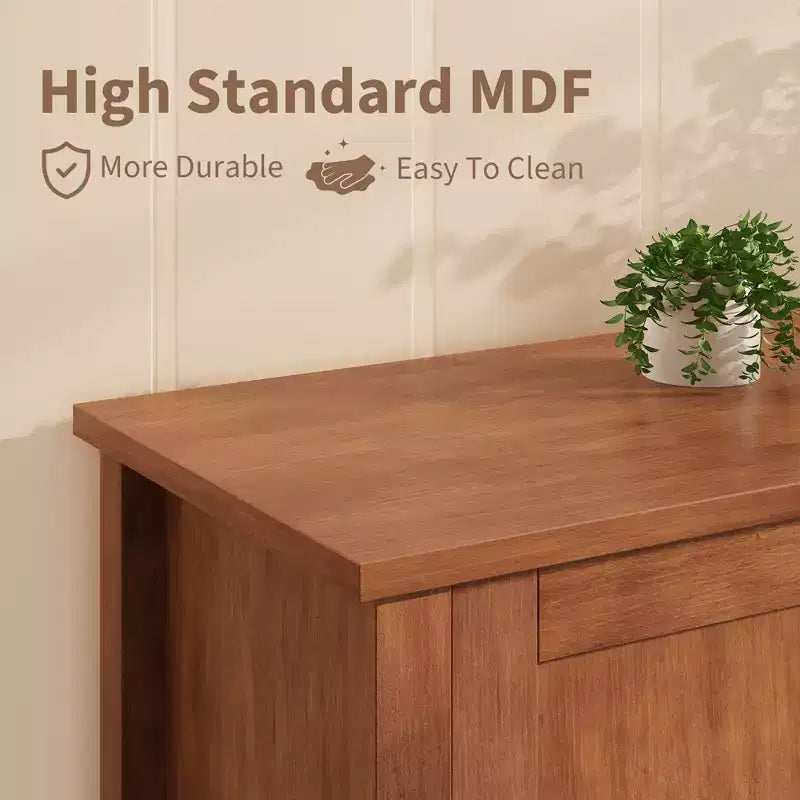 Meuble TV rétro en V avec éclairage LED, adapté aux salons, chambres et centres de divertissement. Comprend deux portes de rangement et un tiroir.