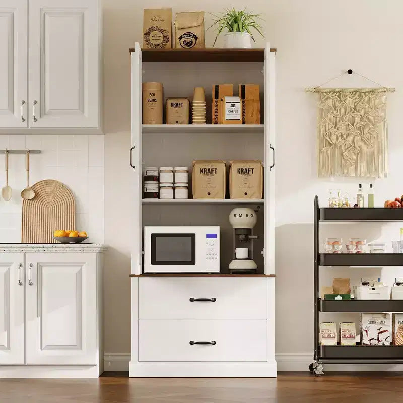 Meuble de rangement de cuisine GustoWave avec portes coulissantes, tiroir et 2 étagères réglables, vaisselier haut autoportant avec support pour micro-ondes