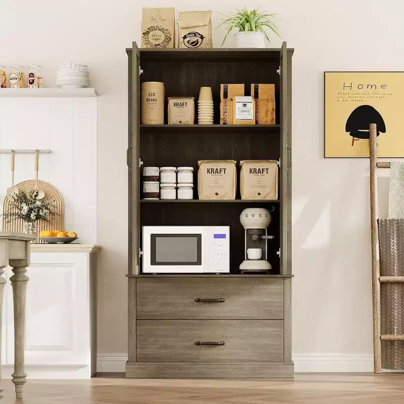 Meuble de rangement de cuisine GustoWave avec portes coulissantes, tiroir et 2 étagères réglables, vaisselier haut autoportant avec support pour micro-ondes